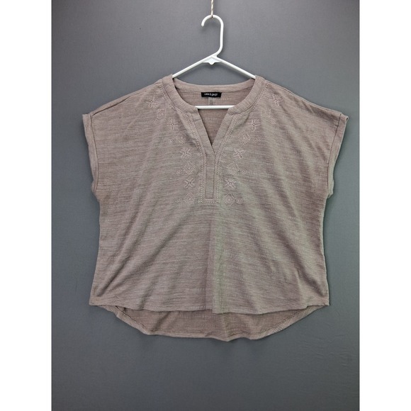 Cable & Gauge Tops - Cable & Gauge Top Embroidered Split Neck XL Mauve Taupe Short Sleeve Boho Blouse